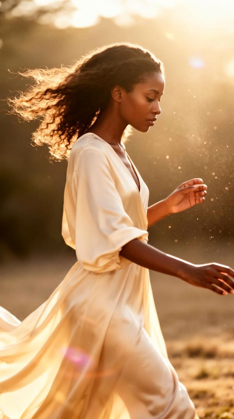 An elegant woman in a flowing cream silk dress moving through warm golden sunlight, hair lifted by the breeze